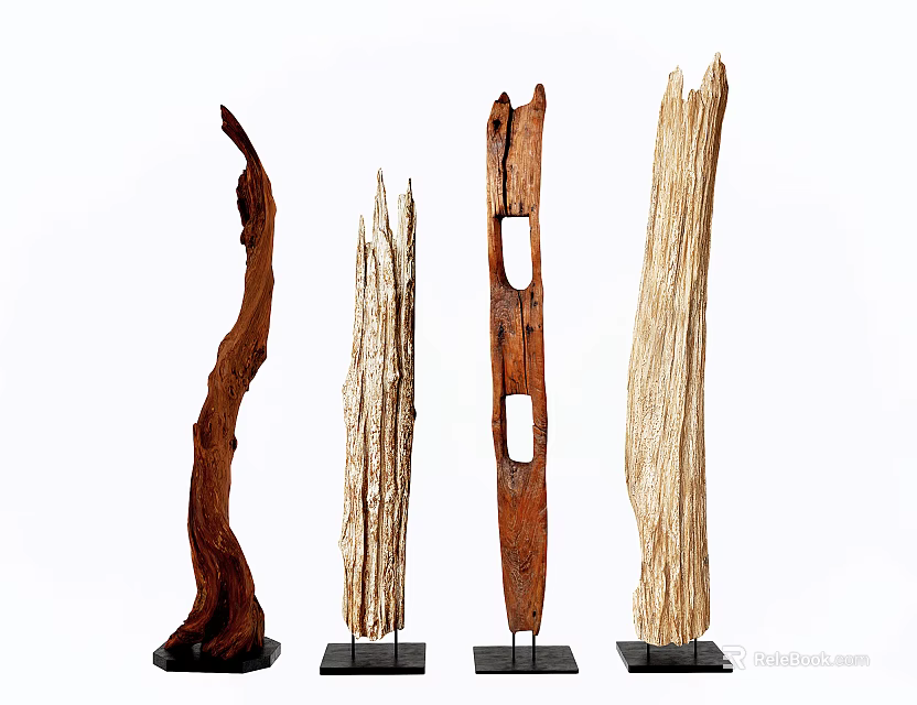 Natural Wooden Decorative Ornament Set With Various Shapes And Black Bases 3d model 