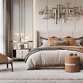 Modern Elegant Bedroom Interior With Upholstered Headboard Bedding Nightstands Armchair And Decorative Wall Art