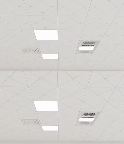Modern White Ceiling Design With Grid Pattern Recessed Square Lights And Vent Grilles 3d model