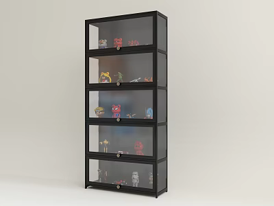 Black Display Cabinet With Multiple Transparent Glass Shelves For Storing Small Toys And Decorations 3d model