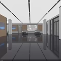 Modern Exhibition Hall Interior With Large Screens Display Counters And LOGO Sign