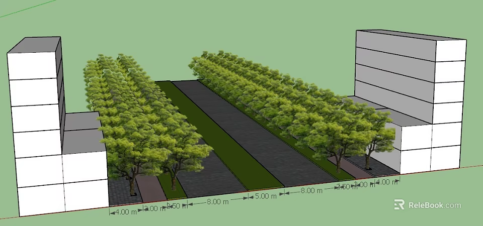 Urban Road Facilities Featuring Lined Trees Sidewalk And Adjacent Buildings Layout 3d model 