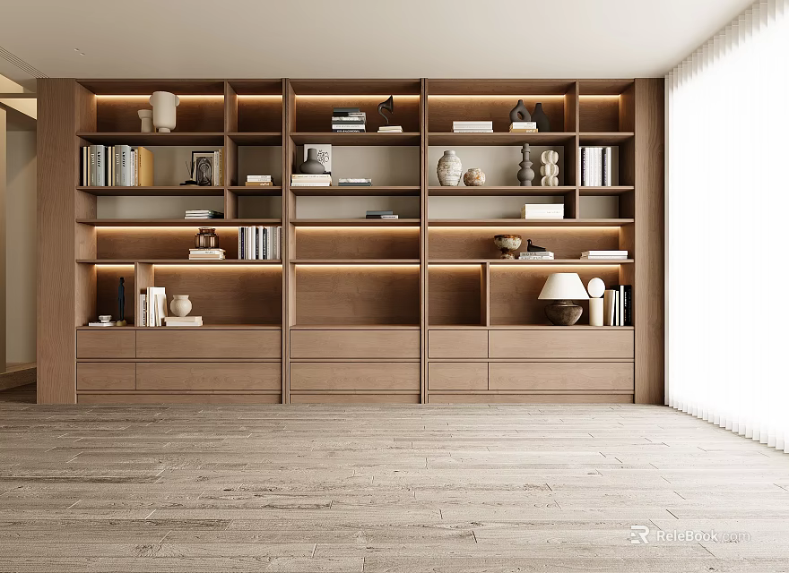 Modern Wooden Bookcase With Multiple Shelves Drawers Books Decorative Items And Table Lamp 3d model 