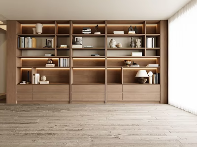 Modern Wooden Bookcase With Multiple Shelves Drawers Books Decorative Items And Table Lamp 3d model