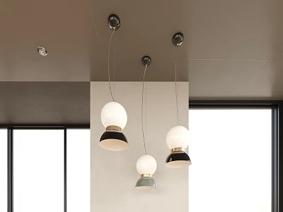 Modern Three White Spherical Pendant Lights With Black Bases In Room Interior And Windows 3d model