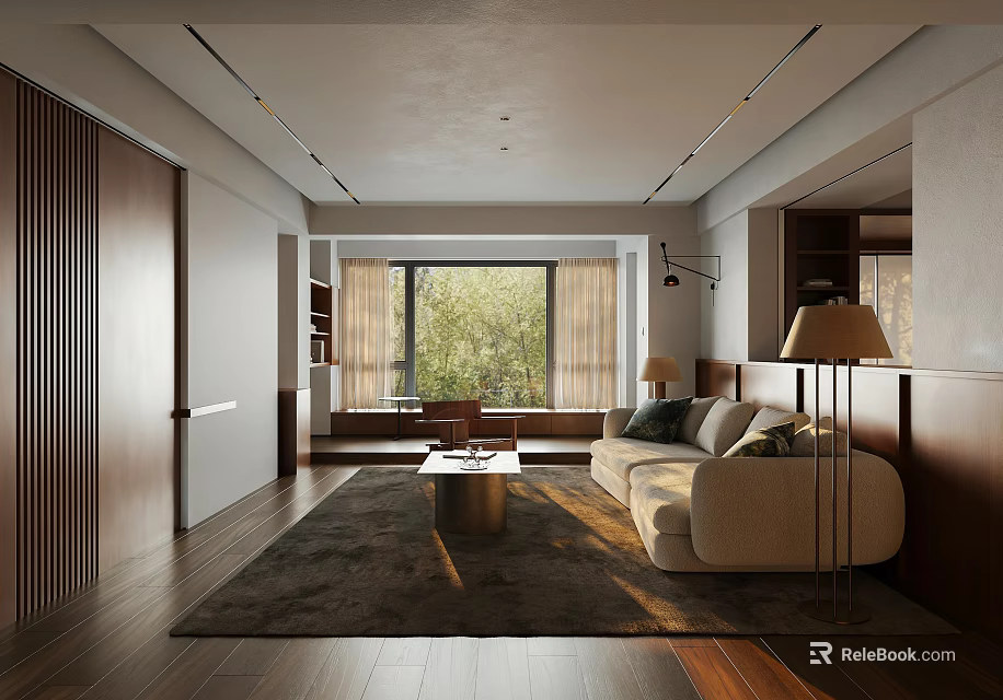 Modern Cozy Open Living And Dining Room With Large Window Soft Sofa And Wooden Flooring 3d model 