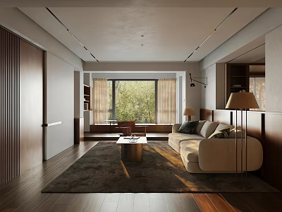 Modern Cozy Open Living And Dining Room With Large Window Soft Sofa And Wooden Flooring 3d model