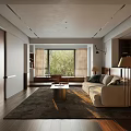 Modern Cozy Open Living And Dining Room With Large Window Soft Sofa And Wooden Flooring
