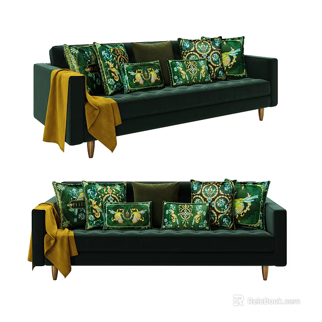Green Velvet Sectional Sofa With Patterned Decorative Pillows And Yellow Blanket 3d model