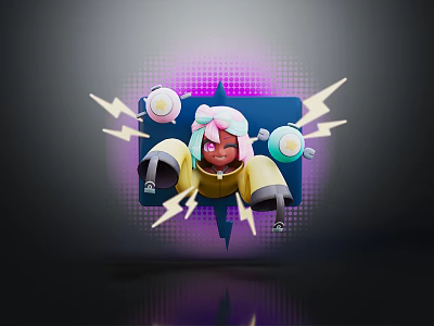 Glowing Animated Character With Pink Hair Headphones And Lightning Effects Near Electric Creature 3d model