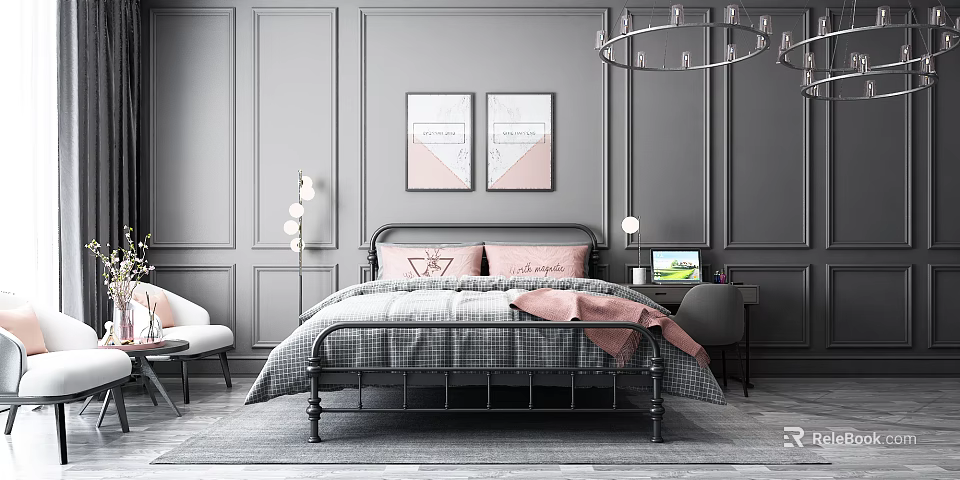 Double Bed with Gray Plaid Quilt Pink Pillows and Throw in Gray Paneled Bedroom 3d model 
