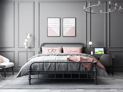 Double Bed with Gray Plaid Quilt Pink Pillows and Throw in Gray Paneled Bedroom 3d model