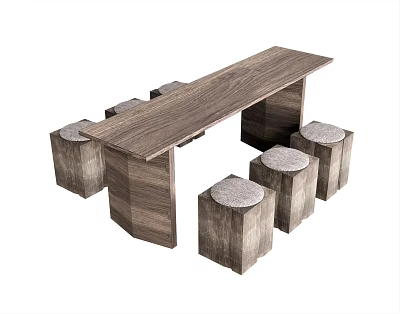 Modern Wooden Table with Square Stools Minimalist Home Furniture Set 3d model