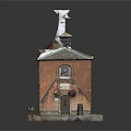 Two Story Brown Building With Roof Tower Front Steps Colorful Bunting And Flower Baskets