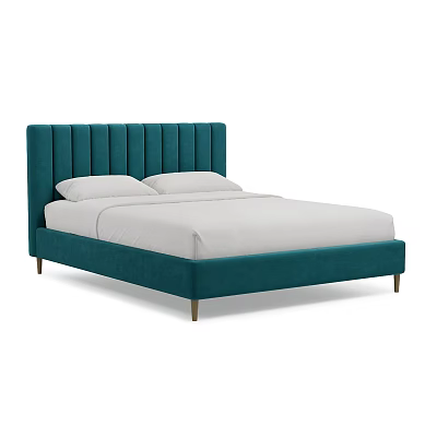 Teal Velvet Upholstered Double Bed With Tufted Headboard White Mattress And Wooden Legs 3d model
