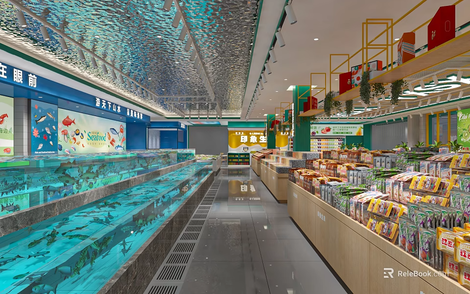 Modern Supermarket Interior with Fish Tanks Shelves Various Products Green Plant Decorations and Bright Lighting 3d model 