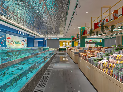 Modern Supermarket Interior with Fish Tanks Shelves Various Products Green Plant Decorations and Bright Lighting 3d model