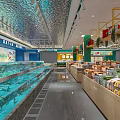 Modern Supermarket Interior with Fish Tanks Shelves Various Products Green Plant Decorations and Bright Lighting