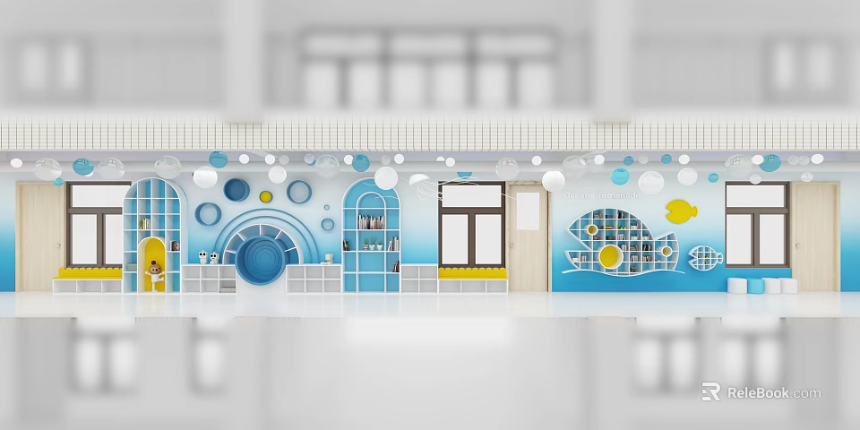 Kindergarten Interior Design with Blue White Circular Decorations Fish Patterns Windows and Shelves 3d model