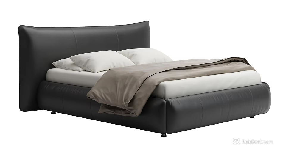 Modern Black Leather Double Bed With Curved Headboard White Pillows And Brown Blanket 3d model 