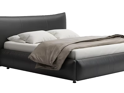 Modern Black Leather Double Bed With Curved Headboard White Pillows And Brown Blanket 3d model