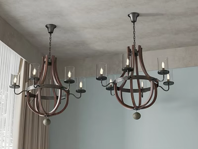 Two Rustic Wooden Chandeliers With Glass Shades And Candle Style Bulbs In Room 3d model