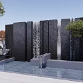 Outdoor Black Stone Feature Wall With Waterfall Green Plants Seating Area And Water Pool