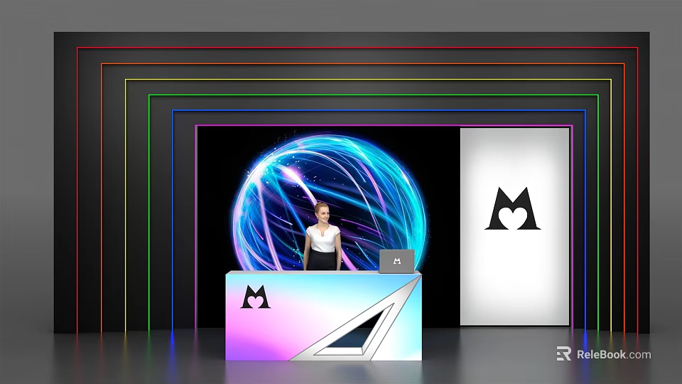 Modern Reception Desk With Glowing Sphere Neon Lights And Geometric Design Logo 3d model 