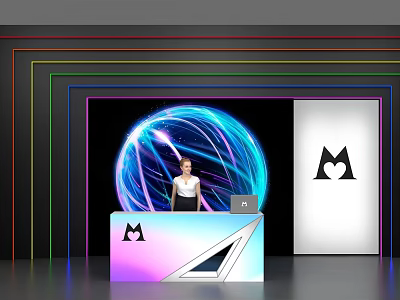 Modern Reception Desk With Glowing Sphere Neon Lights And Geometric Design Logo 3d model
