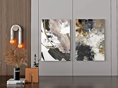 Modern Abstract Paintings With Black White Gold Textures On Wall In Interior 3d model