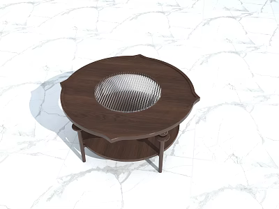 Round Wooden Coffee Table With Mesh Top Design And Slim Legs On Marble Floor 3d model