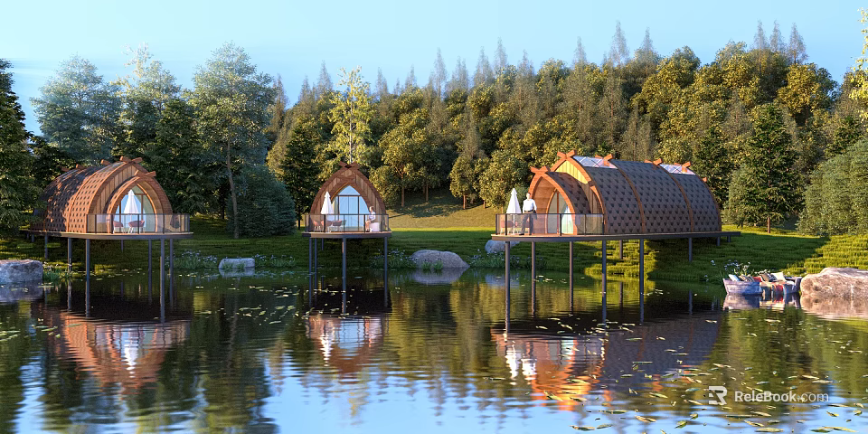 Lakeside Boutique Villa Architecture Featuring Overwater Design Woodland Surroundings And Scenic Reflection 3d model 