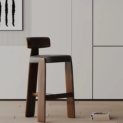 Modern Wooden Bar Stool With Gray Padded Seat And Backrest In Kitchen 3d model