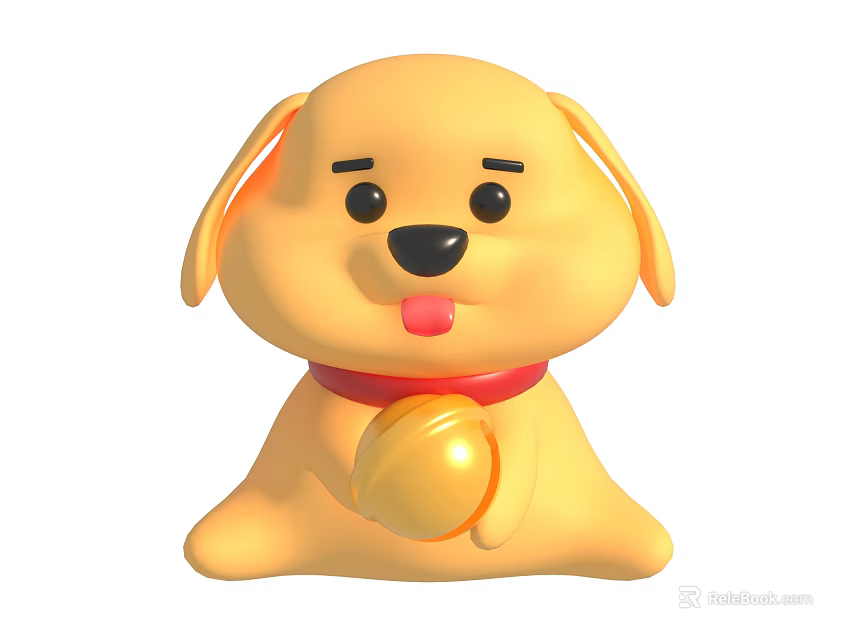 Cute Yellow Puppy Plush Toy With Red Collar Holding Yellow Ball 3d model 