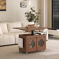 Brown Wooden Coffee Table With Wheels Glass Door Cabinets And Fruits In Living Room