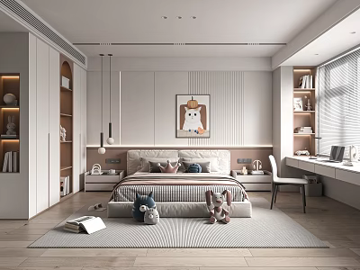 Modern Minimalist Kids Room With Bed Pillows Rug Stuffed Toys Cartoon Art Desk Bookshelf Books 3d model