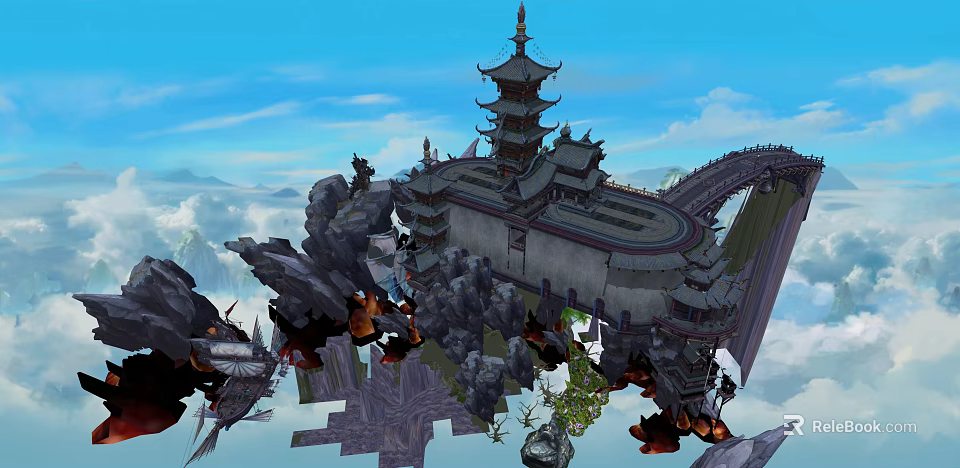 Ancient Chinese Architecture Featuring Pagoda Tower Amid Mountain Clouds And Rock Formations 3d model 