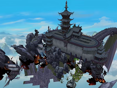 Ancient Chinese Architecture Featuring Pagoda Tower Amid Mountain Clouds And Rock Formations 3d model