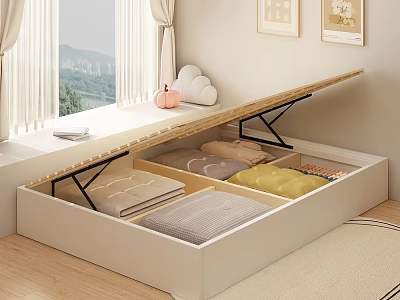Storage Bed With Open Lid And Multiple Drawers Storing Bedding Near Window Curtains Wooden Floor 3d model