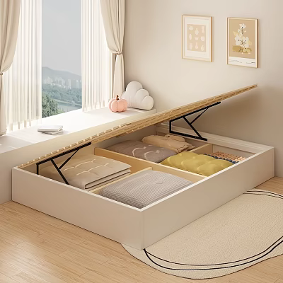 Storage Bed With Open Lid And Multiple Drawers Storing Bedding Near Window Curtains Wooden Floor 3d model