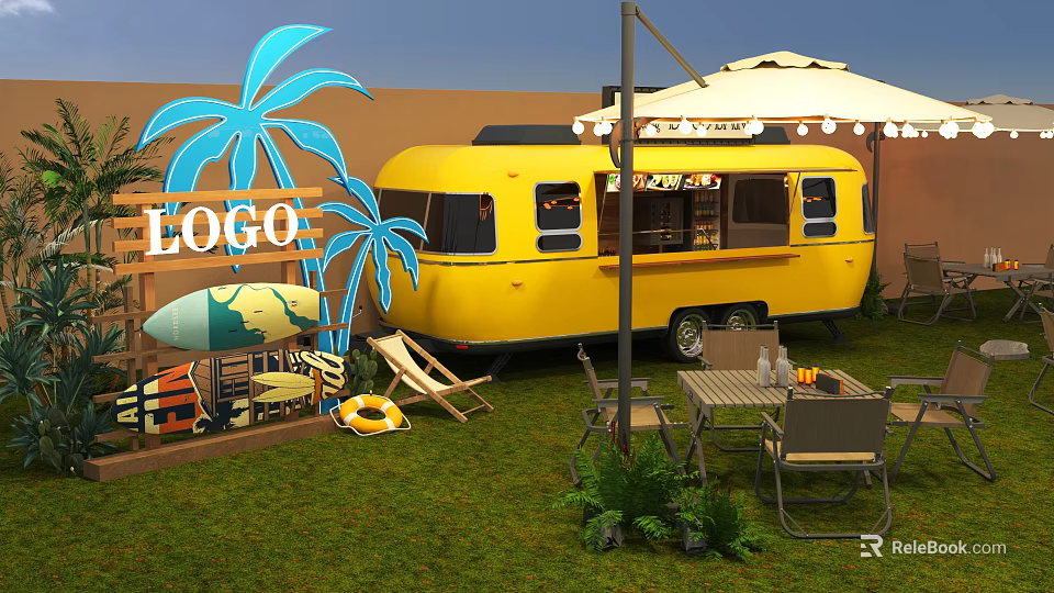 Yellow Camper Van With Surfboard Palm Tree Logo And Outdoor Seating On Lawn 3d model 