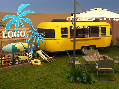 Yellow Camper Van With Surfboard Palm Tree Logo And Outdoor Seating On Lawn 3d model