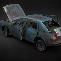 Old Rusty Car With Open Hood And Doors Showing Worn Engine And Weathered Exterior