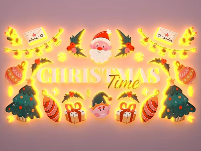 Festive Christmas Decoration Scene With Santa Claus Trees Gifts And Glowing Lights 3d model