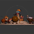 Game and Movie Characters with Armored Main Figure and Animal Like Sidekicks on Circular Platform