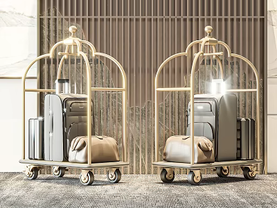 Golden Luggage Carts With Suitcases Bags On Carpeted Floor And Vertical Striped Wall 3d model