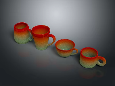 Colorful Gradient Mugs With Red Orange Green Hues In Various Sizes Arranged In A Row 3d model