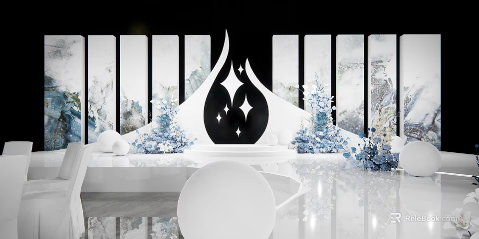 Elegant Banquet Hall With Black White Star Decor Blue Floral And White Spheres 3d model 