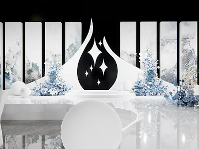 Elegant Banquet Hall With Black White Star Decor Blue Floral And White Spheres 3d model