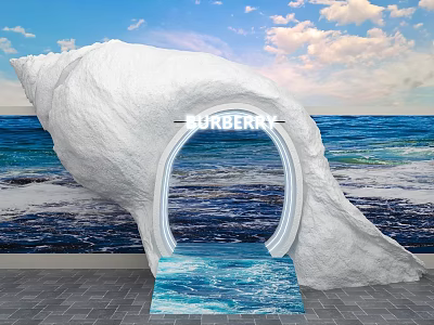 Conch Shaped Burberry Event Entrance with Ocean View Sky Clouds and Water Wave Floor 3d model